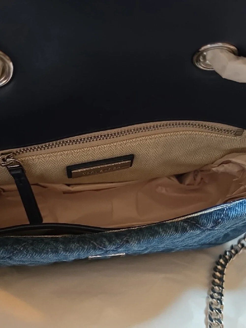 Tory Burch Quilted Denim Shoulder Bag with Gold Chain
